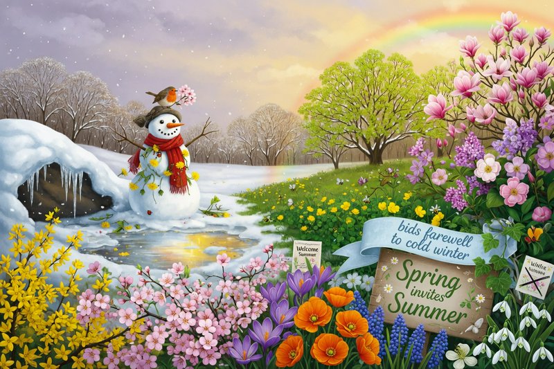 Whimsical seasonal transition illustration showing a snowman between snowy winter terrain and blo...
