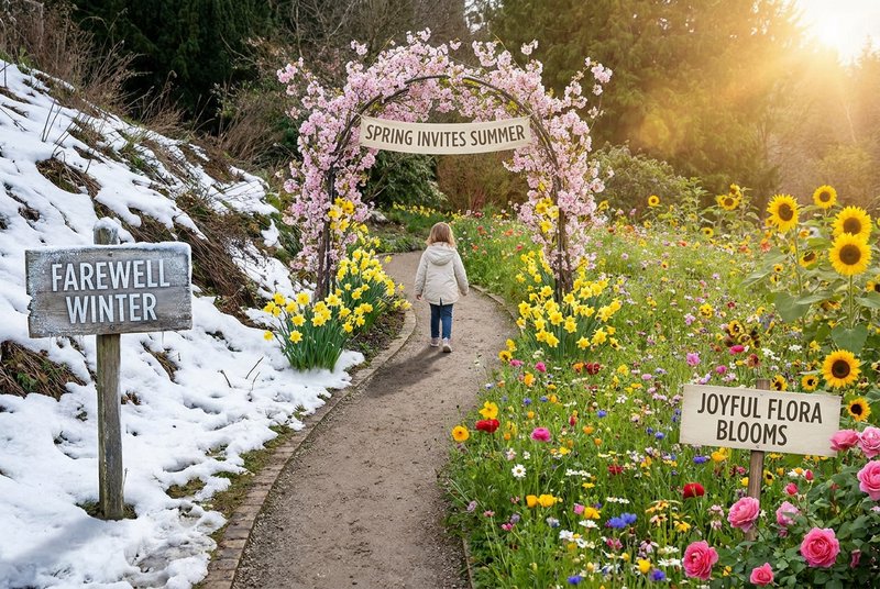 Young girl walks along a garden path showing seasonal transition from snowy winter to blooming sp...
