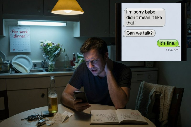 Stressed confused man stares at his phone at a dim late-night kitchen table, reacting to a passiv...