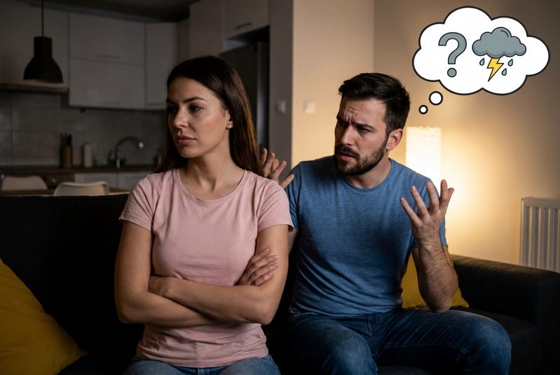 Upset woman with crossed arms sits beside confused gesturing man, thought bubble with question ma...