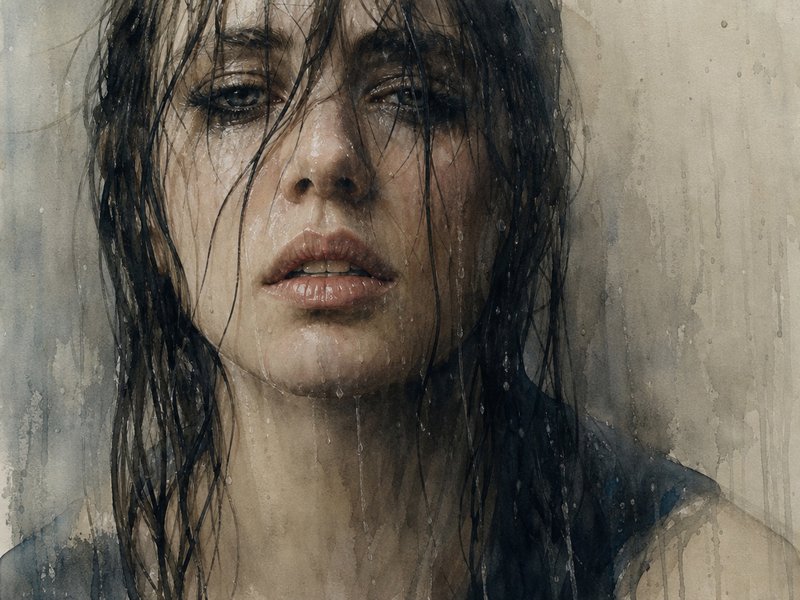 Close-up hyperrealistic watercolor portrait of a woman with wet dark hair, rain streaks on her fa...