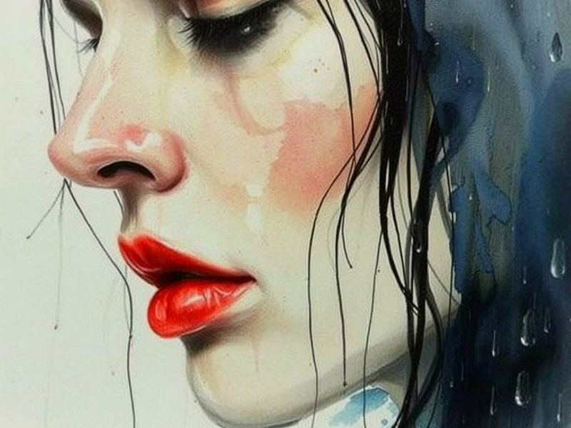 Close-up watercolor portrait of a pensive woman with wet dark hair, glossy red lipstick, and visi...