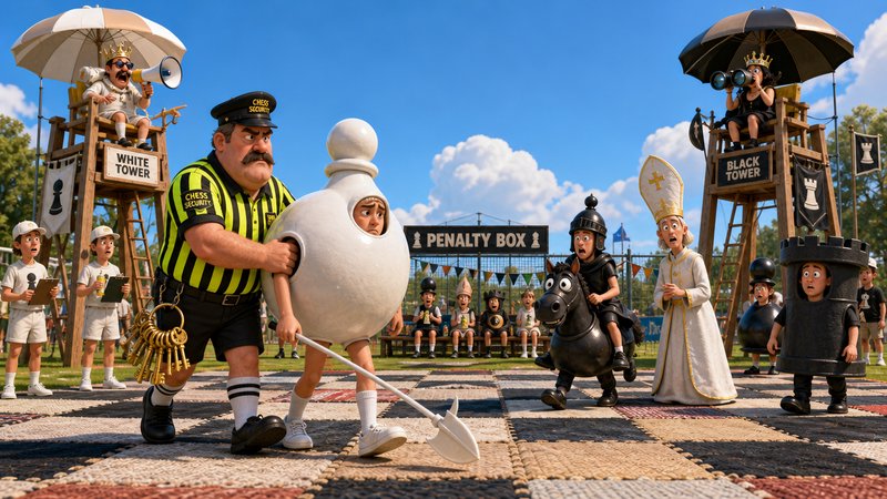 Whimsical animated outdoor human chess match, with a security guard escorting a costumed pawn acr...