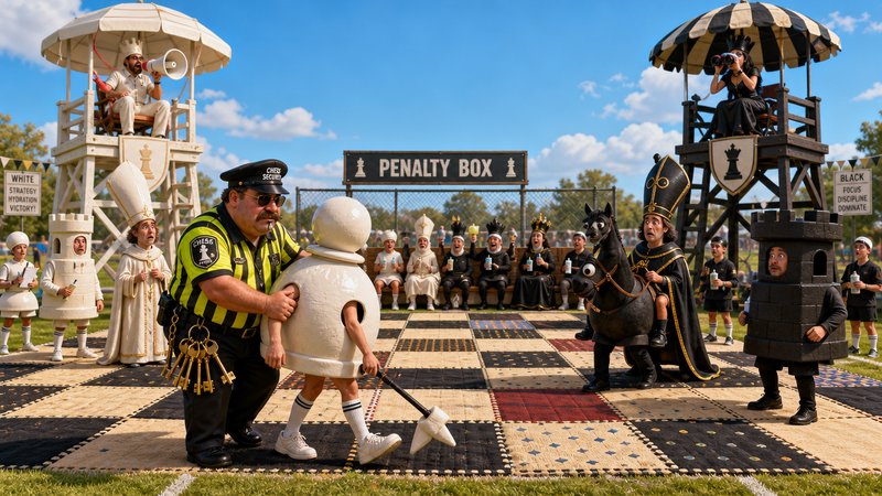 Whimsical live-action giant chess match, referee escorts a costumed pawn to the penalty box on an...