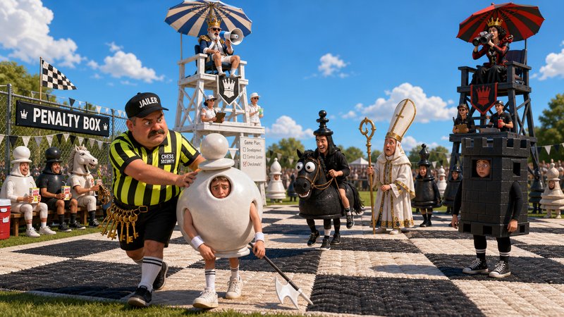 Whimsical outdoor giant chess match, costumed character pieces, referee escorting a pawn across a...
