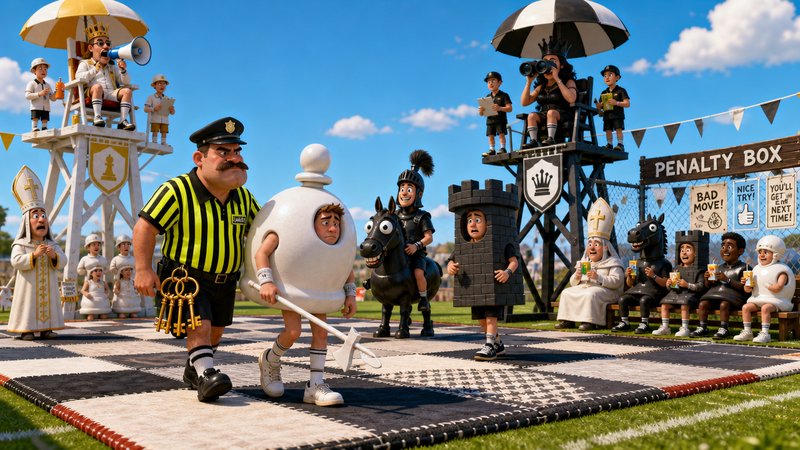 3D animated whimsical live chess match, with costumed chess piece characters, a referee, and offi...