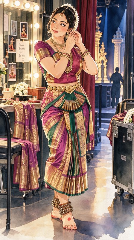 Bharatanatyam dancer adjusts her earrings while preparing for a performance in a lit theater back...