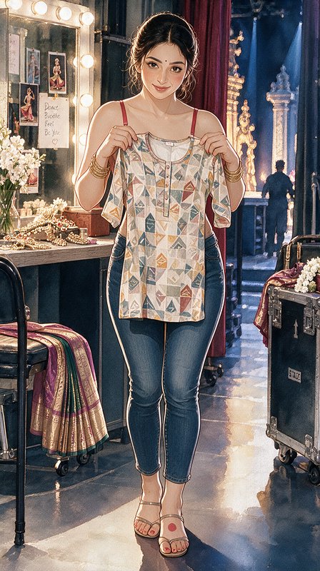 Stylized illustration of a smiling South Asian woman holding a geometric print tunic in a theater...