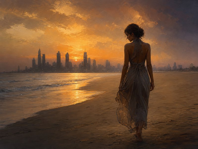Oil painting of a barefoot woman in a flowing gown walking on a sandy beach at golden sunset, fac...