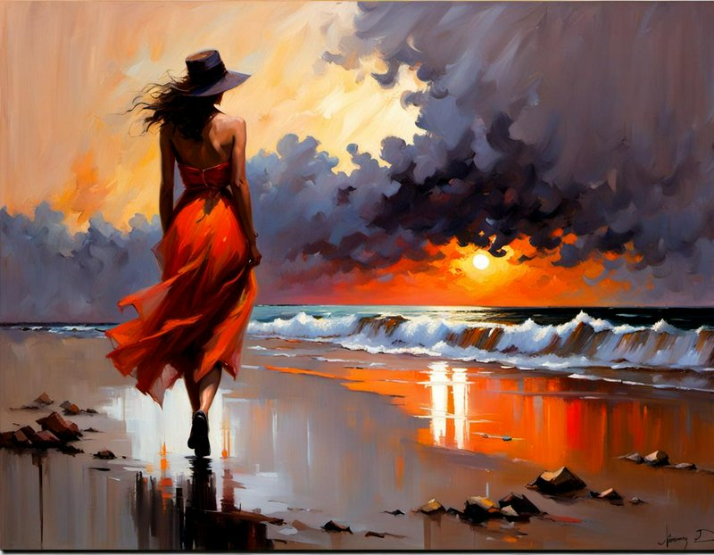 Impressionist oil painting of a woman in a red gown and wide hat walking on a beach at a dramatic...