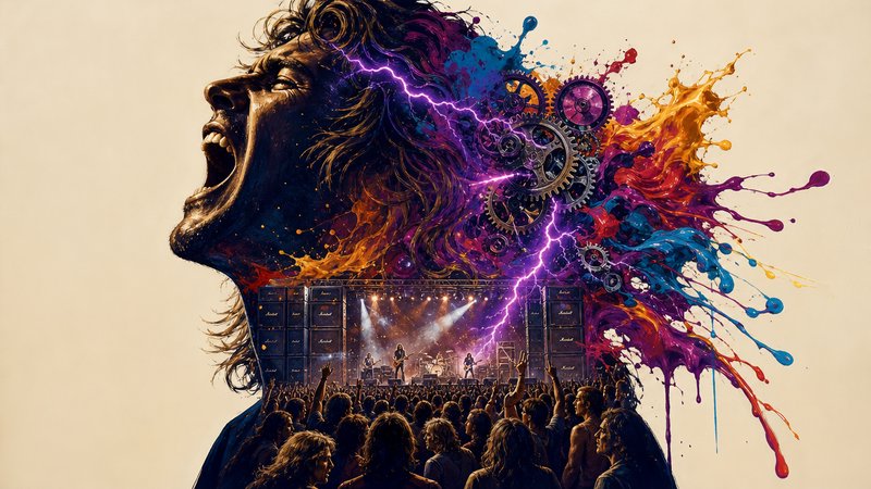 Surreal double exposure art of a screaming rock performer merged with concert crowd, colorful pai...