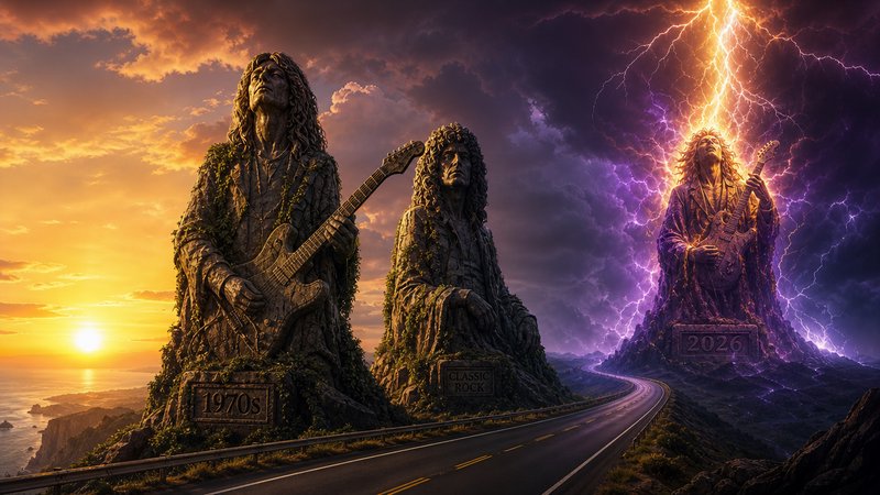 Winding cliffside highway lined with massive rock guitarist statues marking music eras, between g...