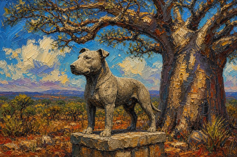 [Textured impasto oil painting of a stoic pit bull statue on a stone plinth, beside a large baobab tree in a sunny savanna...