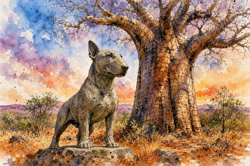 Watercolor illustration of a stone bull terrier statue standing beside a large baobab tree on a s...