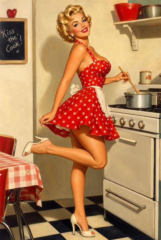 Playful 1950s pinup woman in a red polka dot dress cooking in a retro kitchen with a "Kiss the Co...