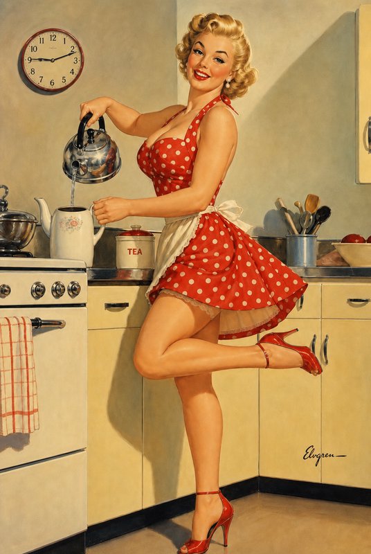 Classic Elvgren vintage pinup of a smiling blonde housewife pouring tea in a retro 1950s kitchen,...