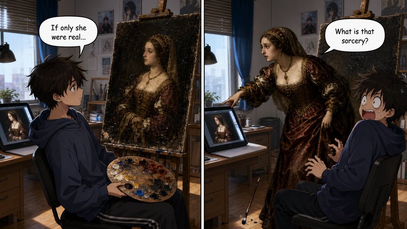 2-panel anime comic where an artist's renaissance portrait subject comes to life, shocking him in...