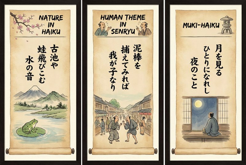 Three framed illustrated scrolls comparing traditional Japanese haiku, senryu, and muki-haiku poe...