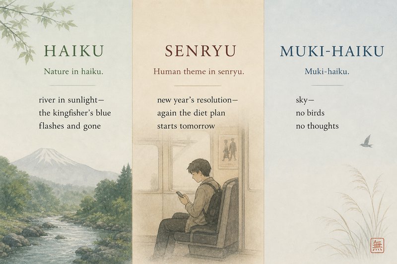 Tri-panel illustrated infographic comparing Japanese poetry forms haiku, senryu, muki-haiku with ...