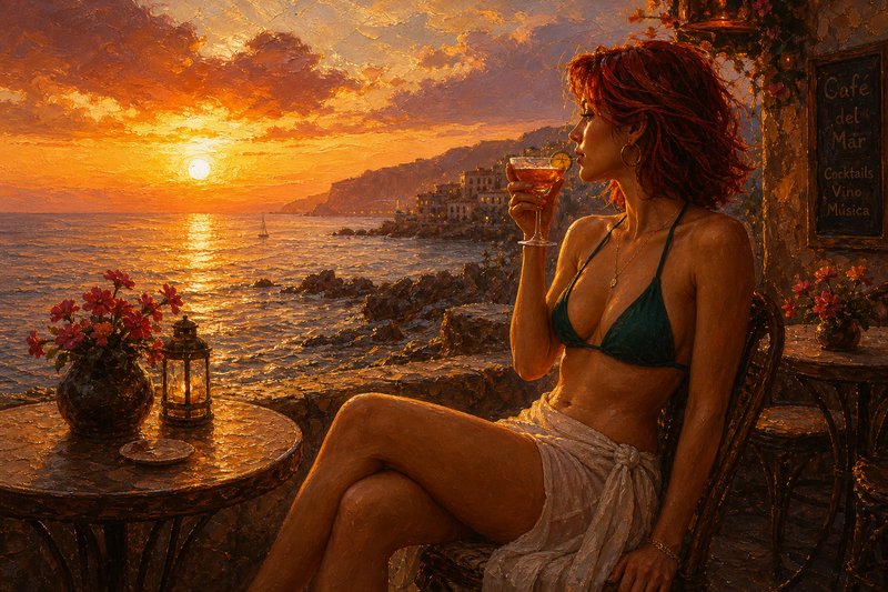 Impressionist oil painting of a red-haired woman sipping a cocktail at a seaside cliff cafe durin...