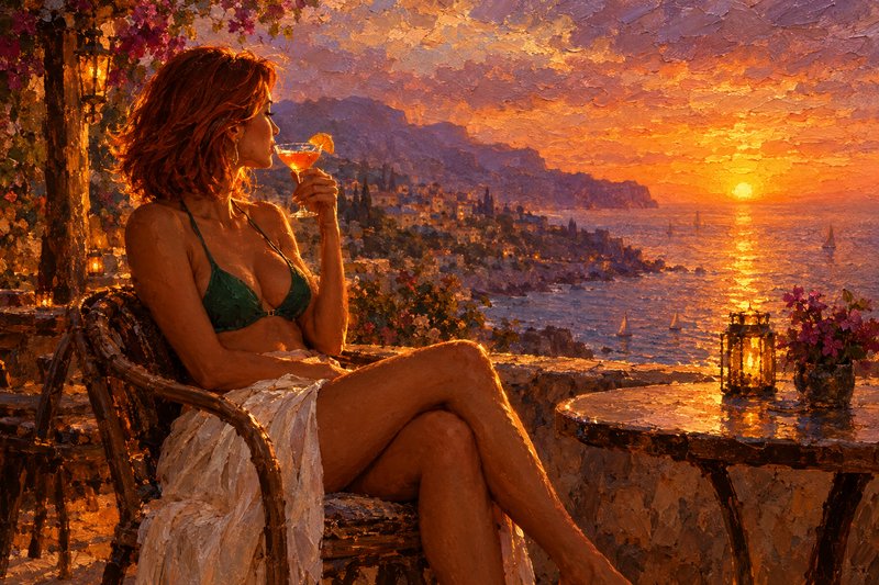 Impressionist impasto painting of a woman sipping a cocktail on a cliffside seaside terrace durin...