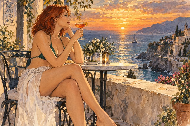 Red-haired woman holds a cocktail while relaxing at a cliffside Mediterranean cafe terrace during...