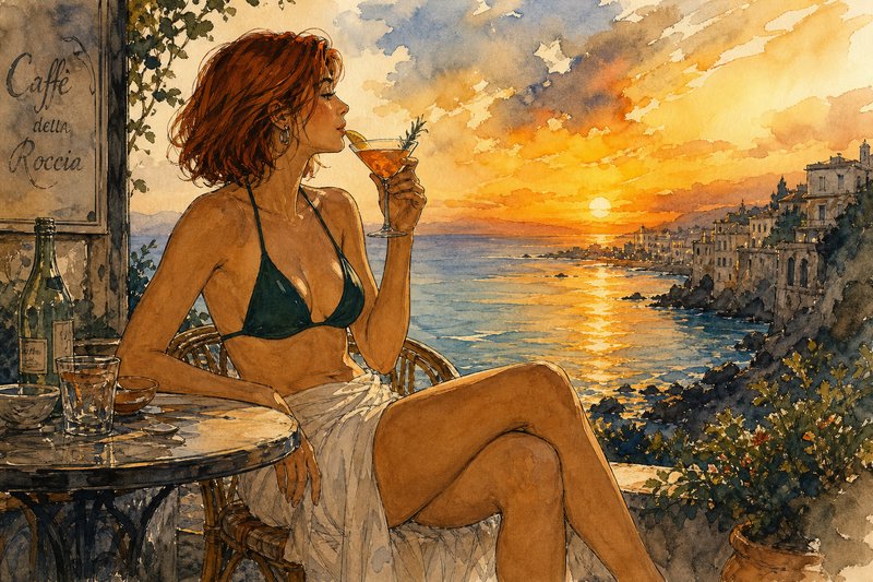 Watercolor illustration of red-haired woman sipping cocktail at cliffside Mediterranean café duri...