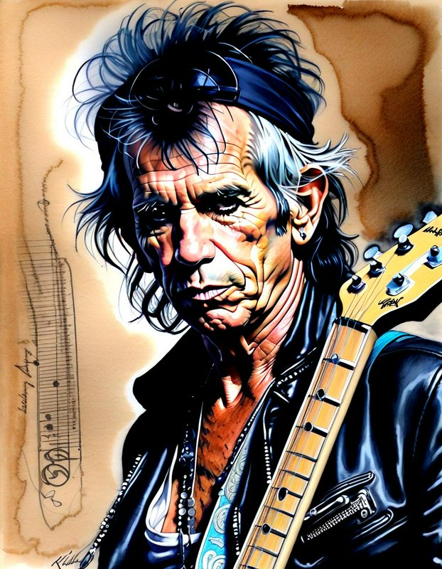 Expressive stylized caricature portrait of Keith Richards holding an electric guitar, set against a sepia stained