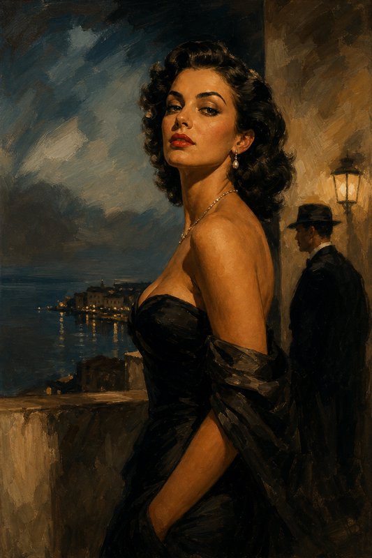 Noir-style oil portrait of a glamorous woman in a black evening gown on a moonlit seaside balcony, with a man in a