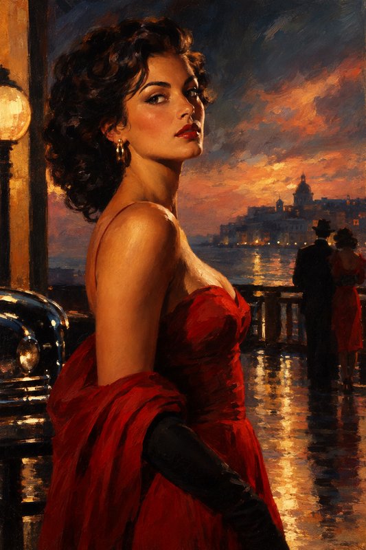Impressionist oil portrait of an elegant woman in a red gown on a waterfront promenade at fiery sunset.
