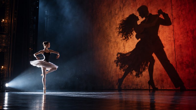 Ballerina poses en pointe on a lit theater stage beside a projected tango couple silhouette