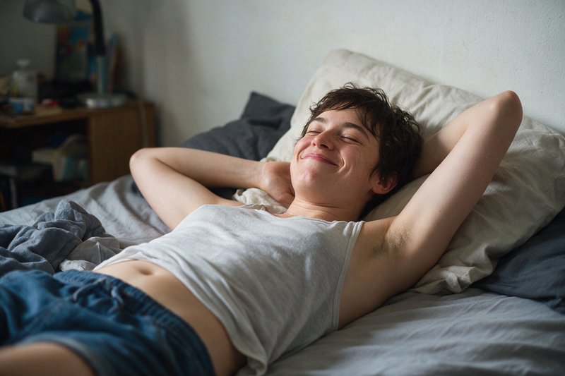 Smiling young adult stretches with eyes closed, relaxing comfortably in a sunlit bedroom bed.