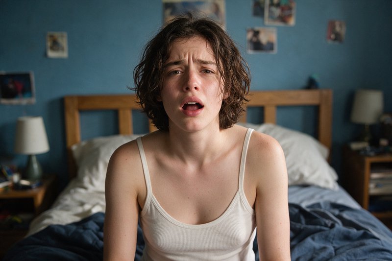 Distressed young woman with short curly hair sits upright in bed looking sorrowfully at the camera