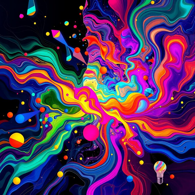 Swirling neon rainbow fluid abstract art with floating geometric shapes and a lightbulb on a dark cosmic background