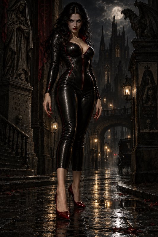 Alluring gothic vampire woman in a black leather catsuit stands on a wet moonlit city street