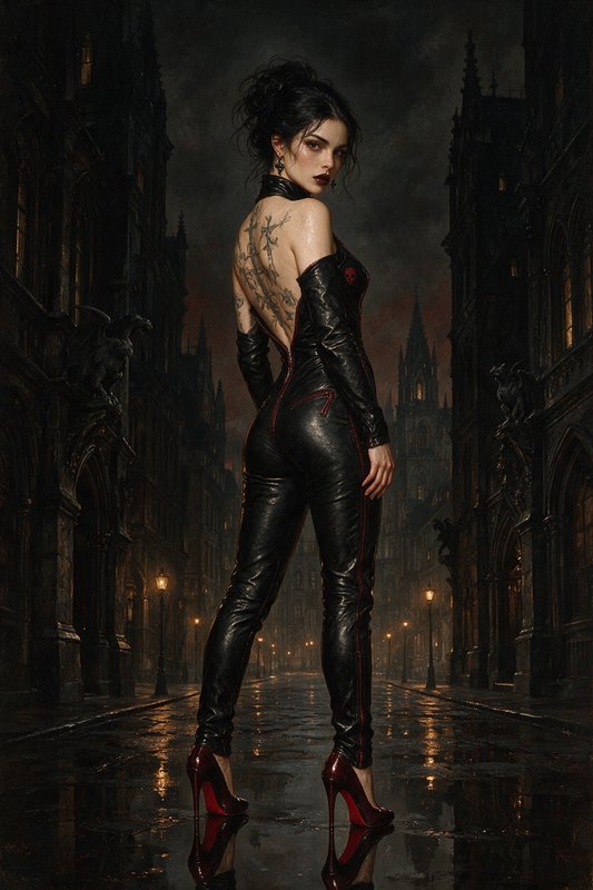 Tattooed woman in a black leather catsuit looks over her shoulder standing on a wet gothic city street at night