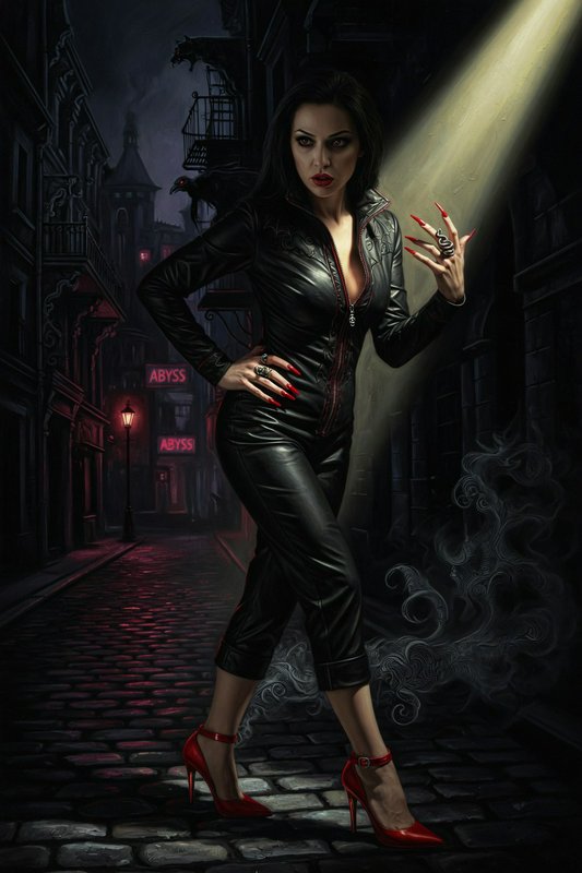 Confident goth femme fatale in a black leather catsuit stands in a dark foggy cobblestone alley at night