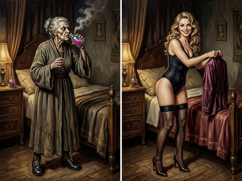 Diptych illustration showing an elderly woman drinking a magic youth potion that transforms her into a young blonde woman