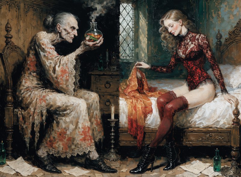 Haggard elderly crone offers a smoking magic potion to a young woman seated on an antique bedroom bed