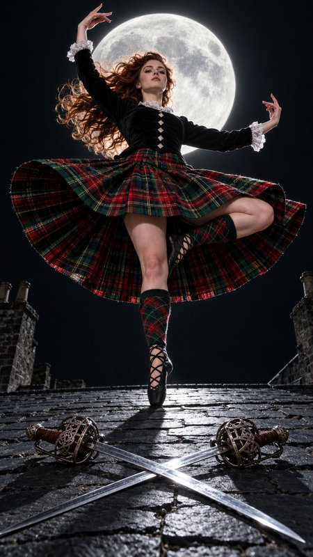 Red haired Scottish highland dancer balances en pointe above crossed swords under a glowing full moon