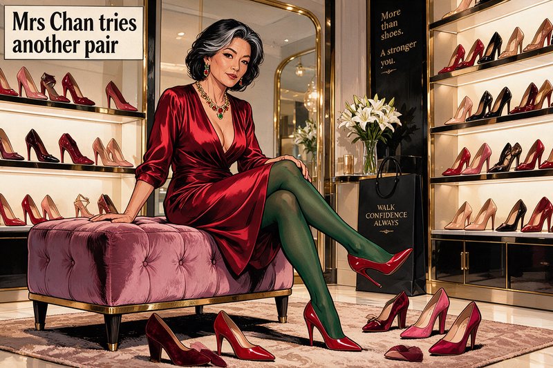 Sophisticated older East Asian woman trying on red high heels in an upscale luxury shoe boutique