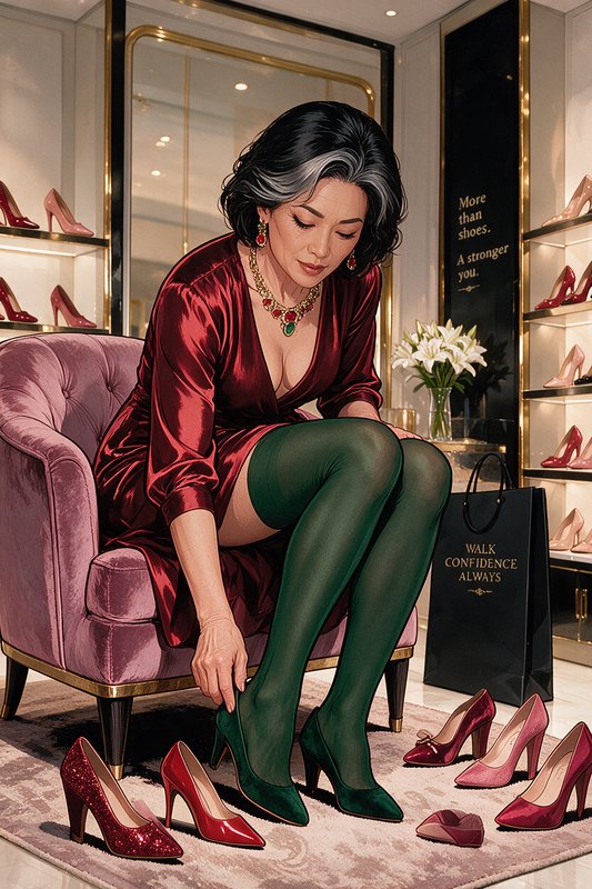 Elegant mature woman trying on green velvet heels in a luxury designer shoe boutique