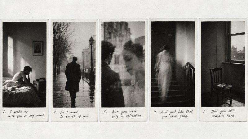 Five sequential vintage black and white photo panels telling a wistful lost love story with handwritten narration
