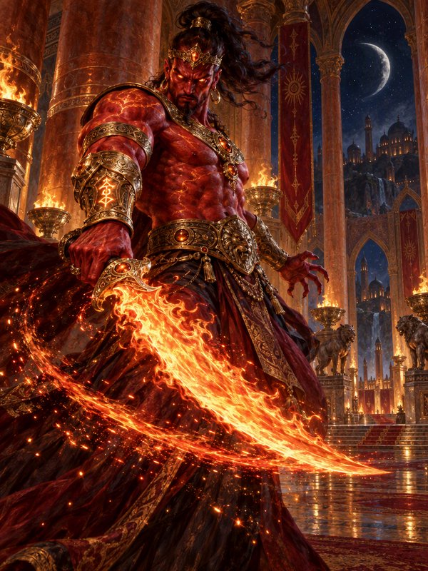 Red-skinned fire djinn ruler holding a blazing flaming sword in an ornate moonlit grand palace