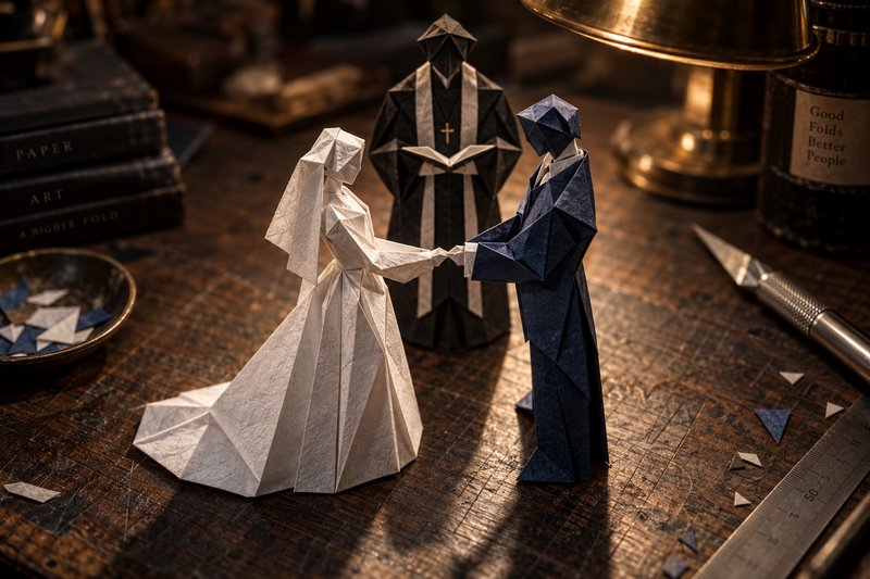 Folded origami bride and groom hold hands as an origami officiant leads their wedding ceremony