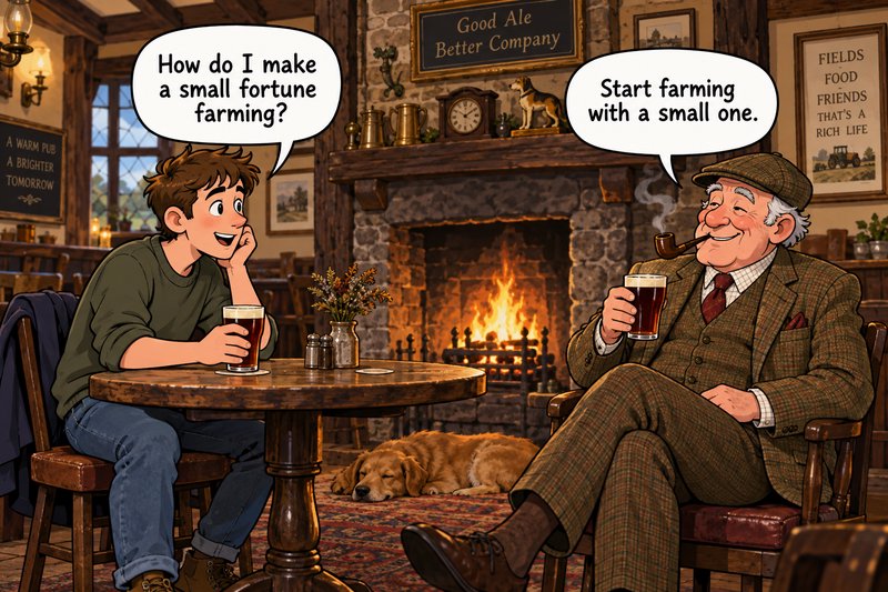 Two men share a funny farming pun over pints of beer in a cozy traditional pub with a roaring fir...