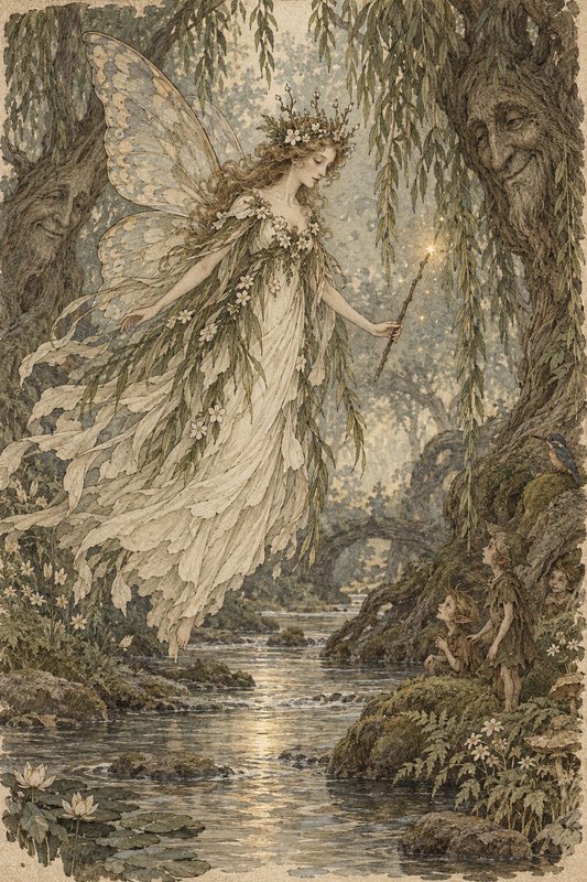 Winged fairy queen with a glowing wand floats over a sunlit forest stream as small elves look up