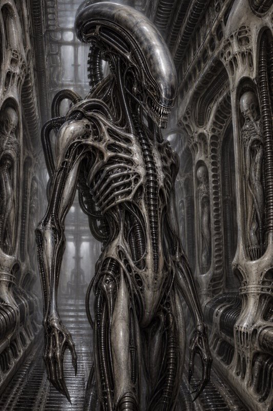 Menacing biomechanical Xenomorph alien stands in a narrow organic spaceship corridor
