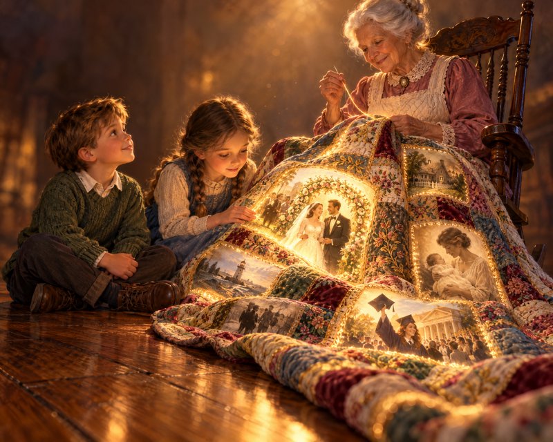 Grandmother sews a glowing memory quilt as two young children watch with quiet wonder