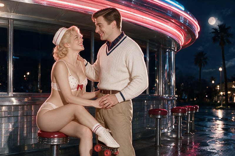 1950s pinup carhop on roller skates shares a warm smiling moment with a man outside a neon night diner